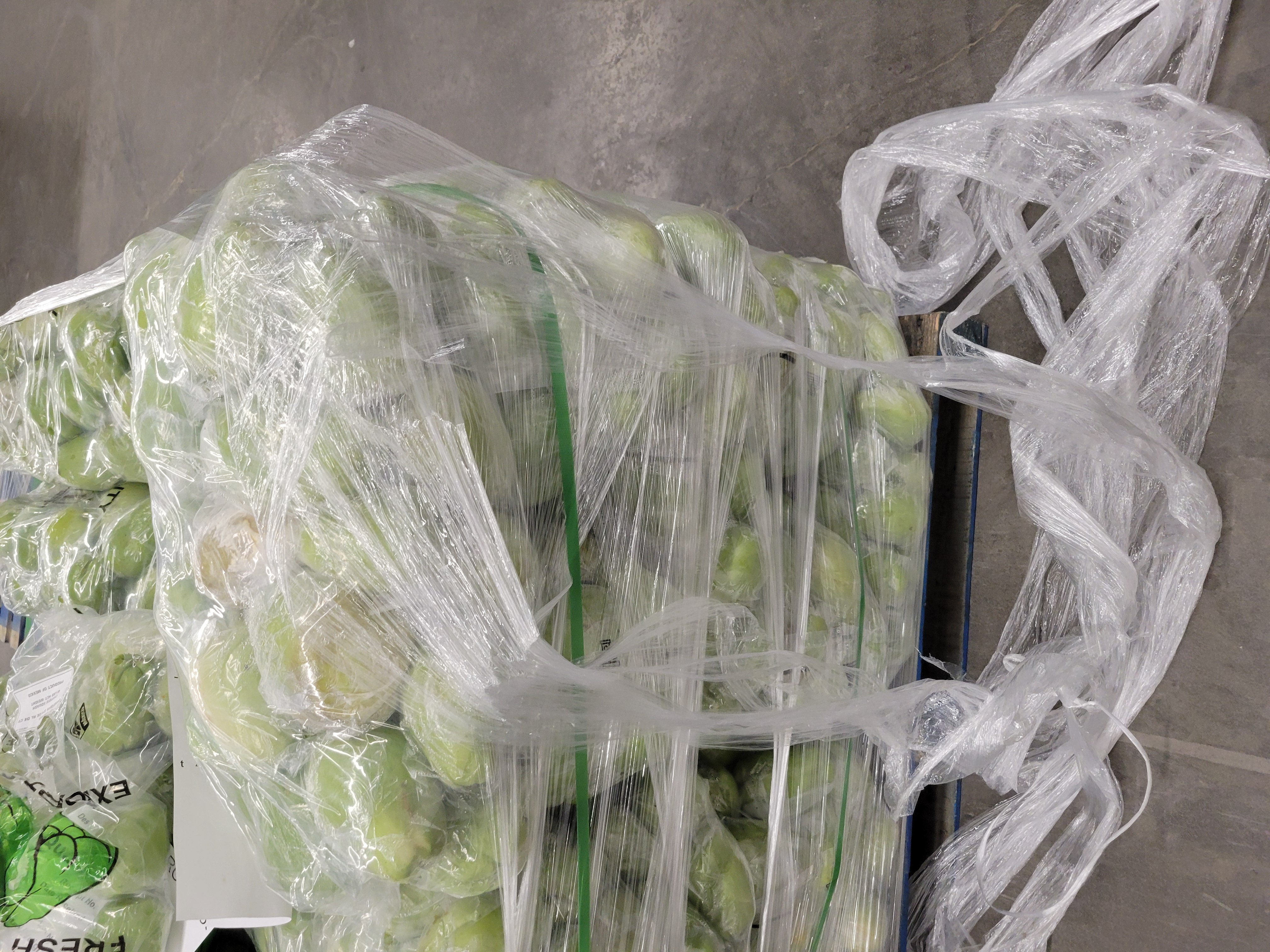 Bags of chayote on a pallet with saran wrap.